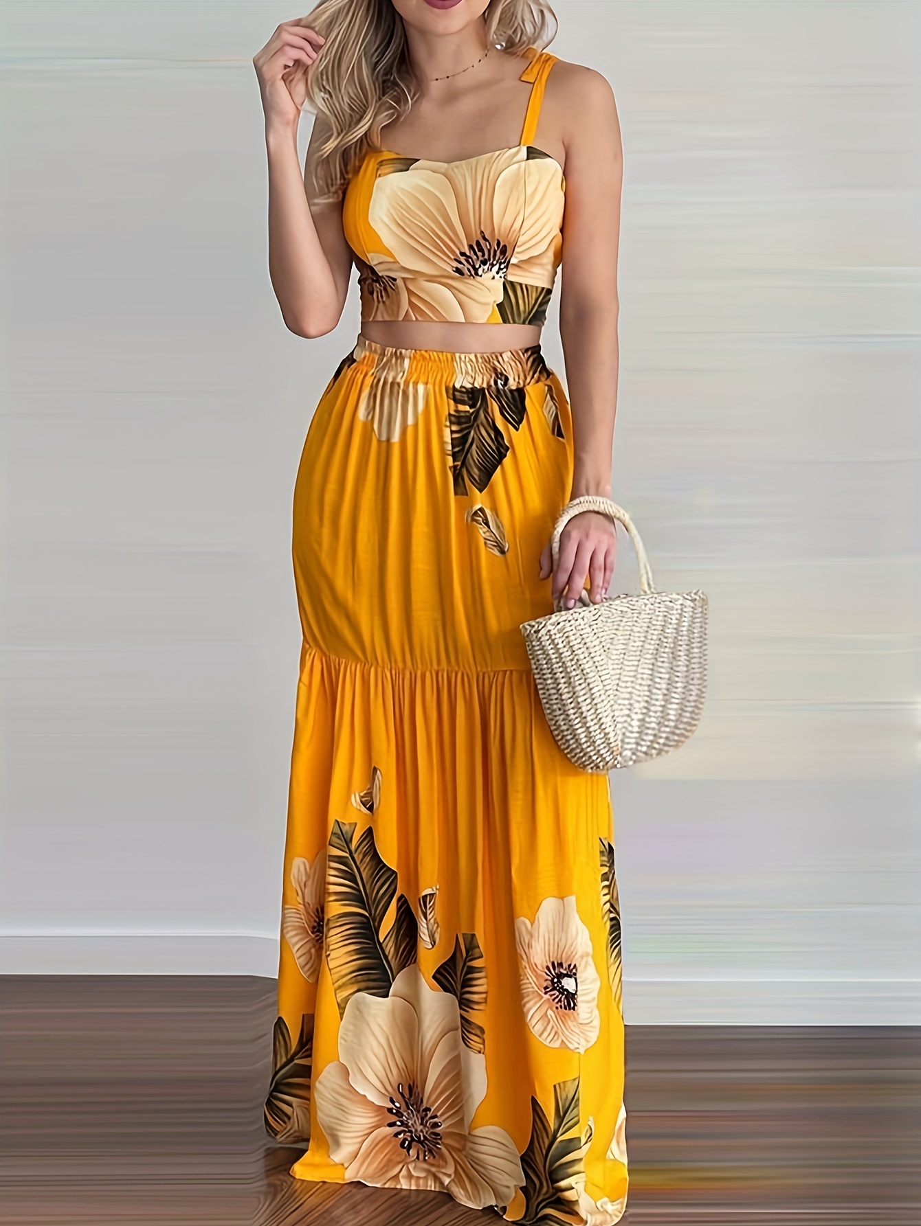 conjunto blusa tirantes falda estampada elegante vacaciones Temu