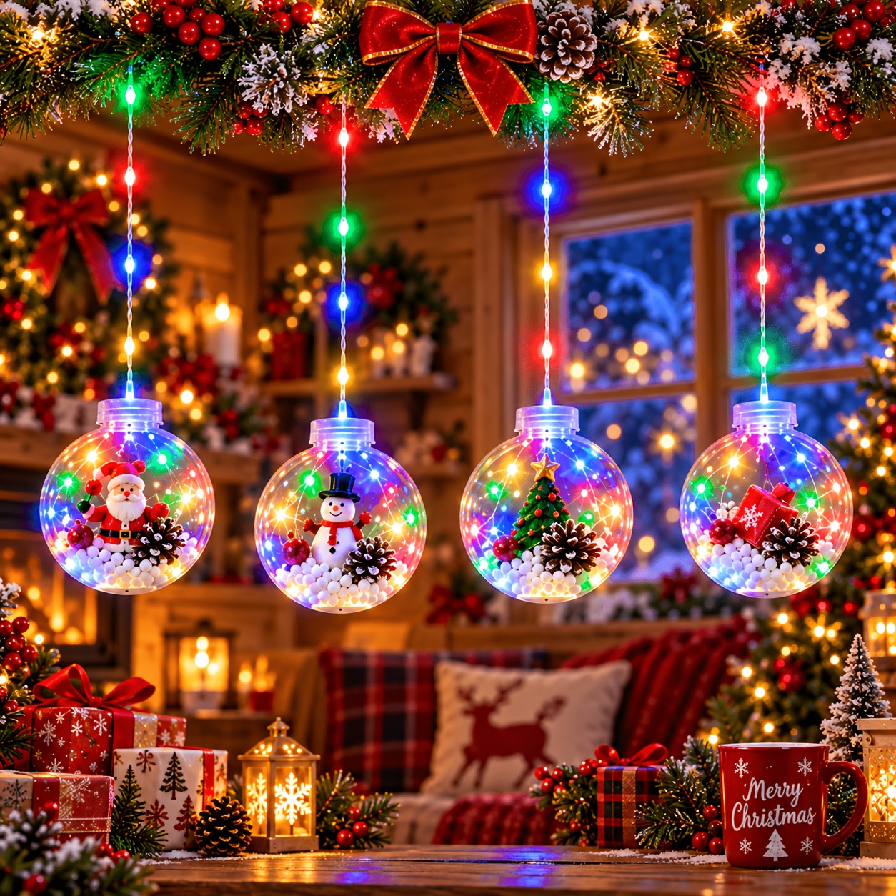 TEMU 4pcs Christmas Wishing Ball Curtain Lights, Transparent Decorative Hanging Ornaments, Usb Powered, 8 , Featuring Santa And Snowman Figures,