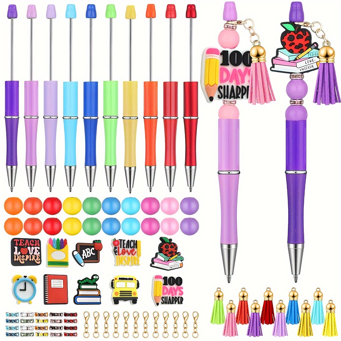 

10pcs Teacher Appreciation Beadable Pens With 90pcs Assorted Colors Wood Beads Crystal Spacer Accessories Diy Pen Making Kit Plastic Ballpoint Pen Bulk For Teacher Appreciation Gift