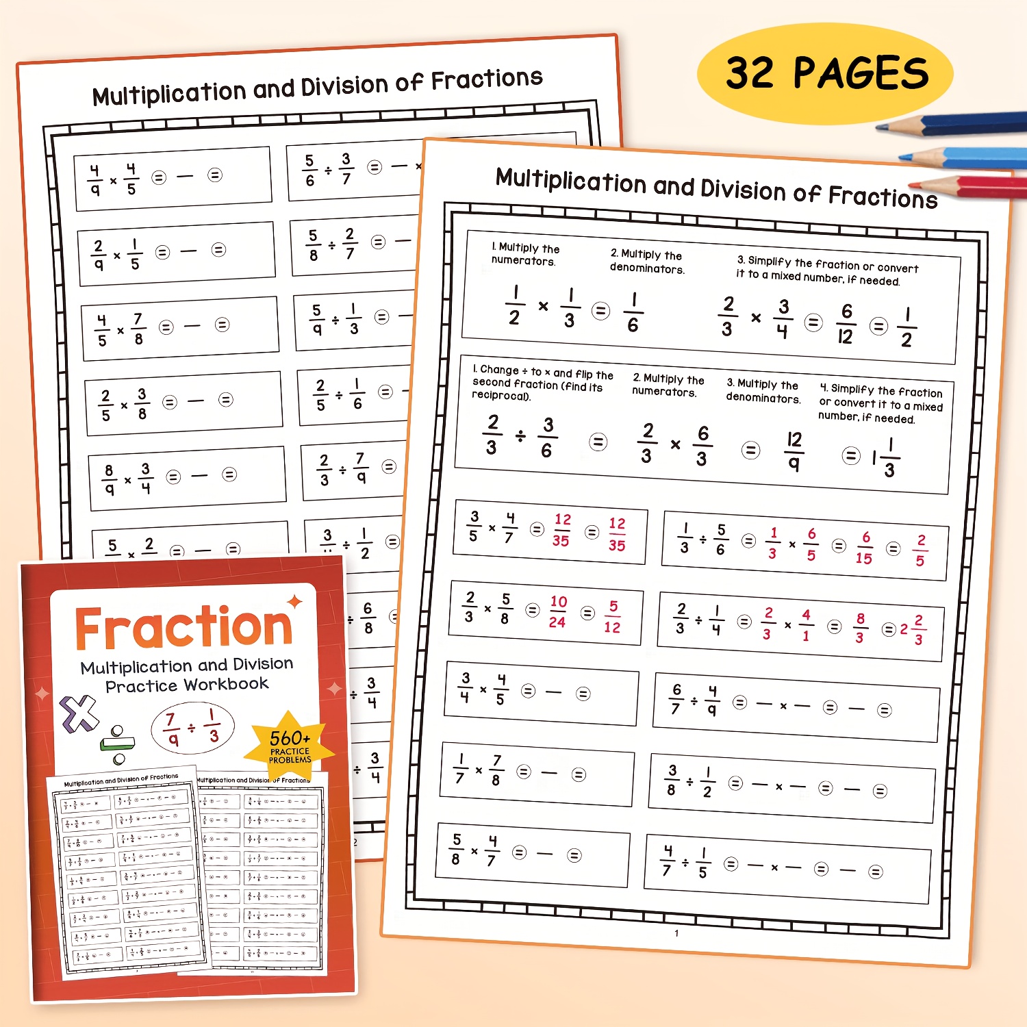 TEMU 1pc, Fraction Multiplication And Division Workbook: Advanced Practice For Children | Exercises And Training | Suitable 3+ | Master Fraction
