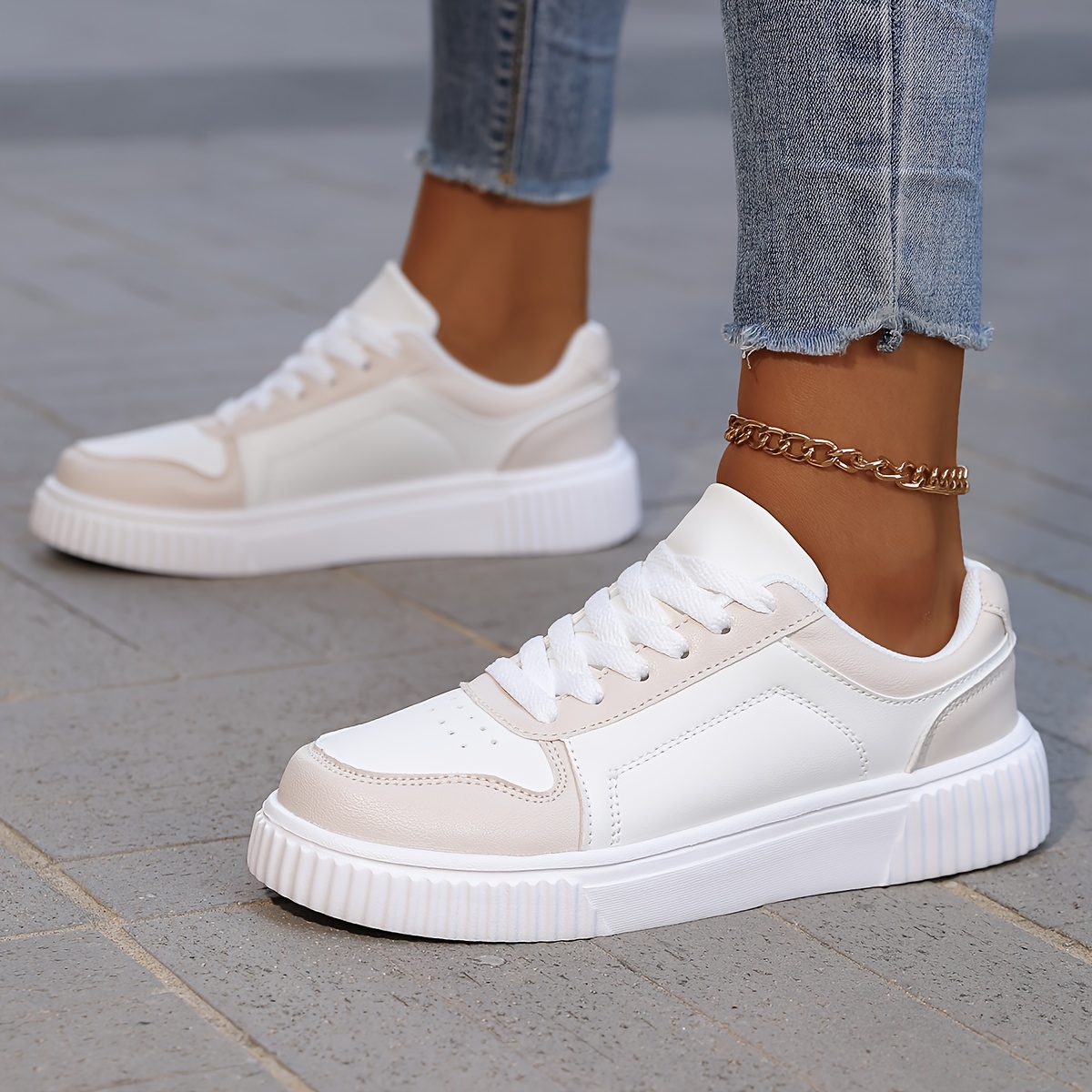 TEMU Sneakers, High-quality 2026 New Style Breathable Lightweight White Shoes With , Comfortable Flat Sole Women's Shoes, Versatile Women's Skate