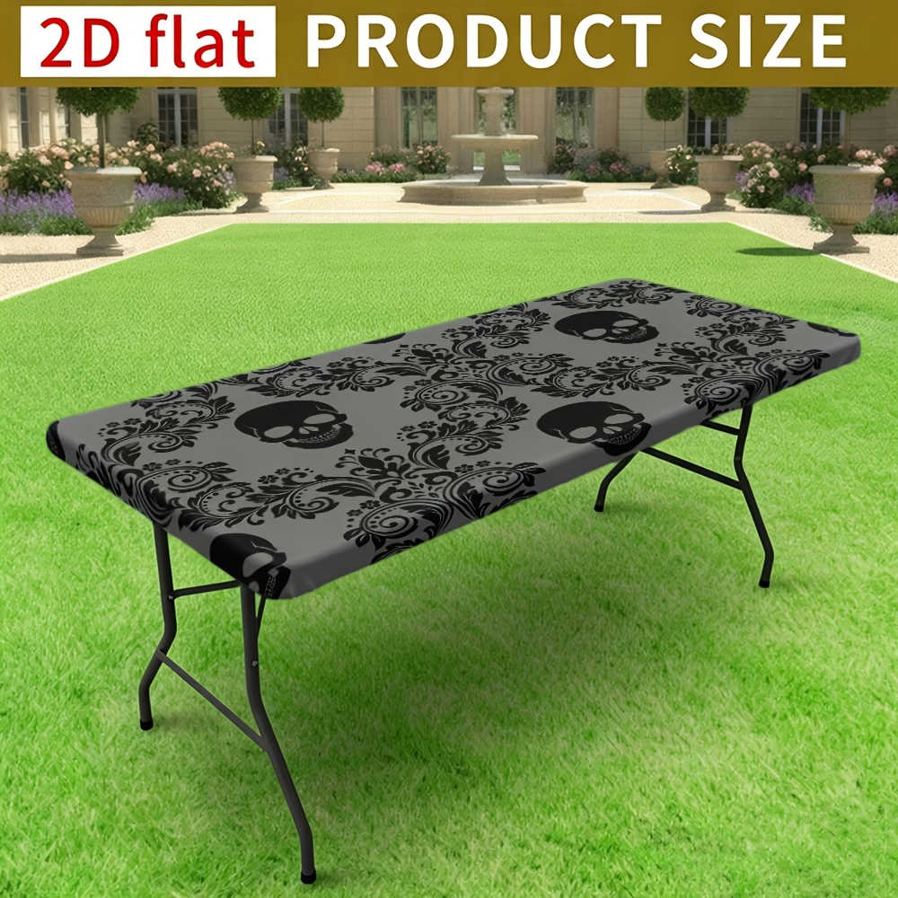 TEMU 1pc Semi-wrapped Stretch Tablecloth, Elastic Band Edge Dining Tablecloth, Black Satin Pattern Halloween Themed Tablecloth, Printed Tablecloth,