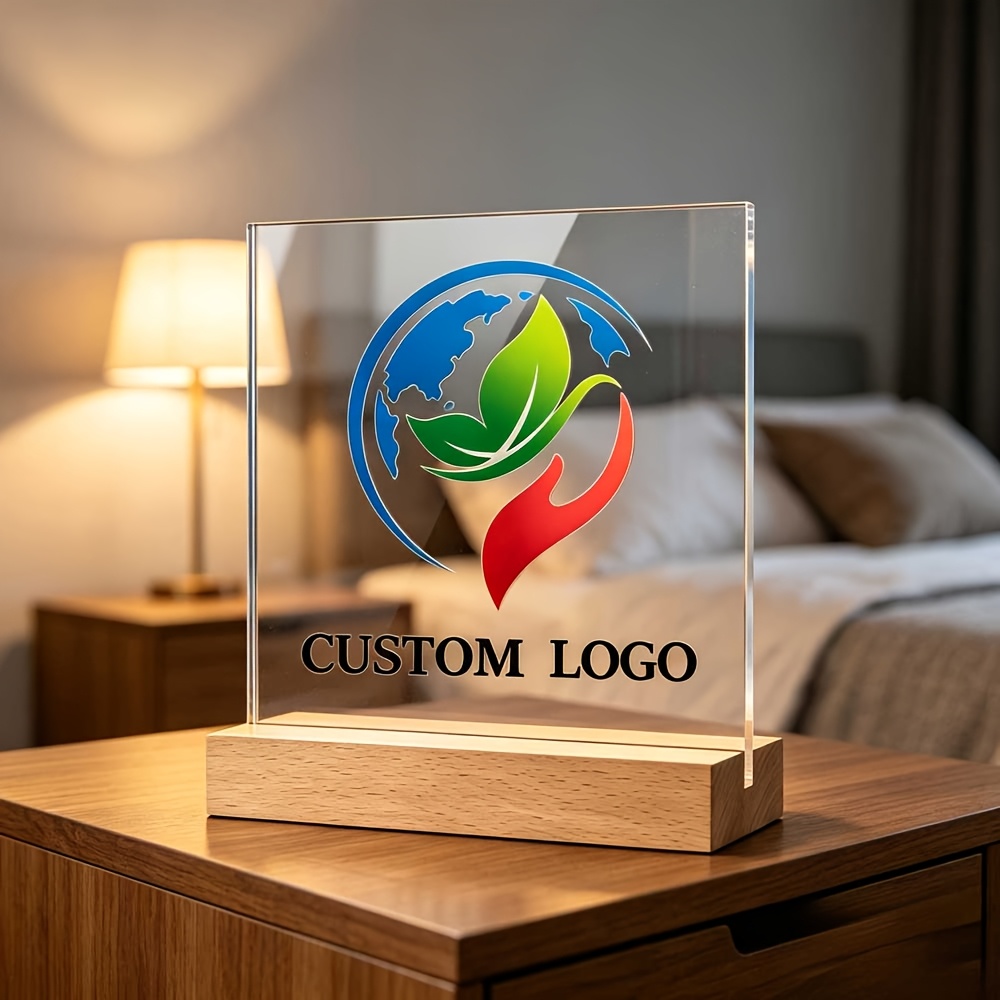 TEMU 2d Flat High- Acrylic Desktop Decoration Sign, With Textured Wooden Base, Supports Customization With Images, Customizable Logo, , Photo Text.
