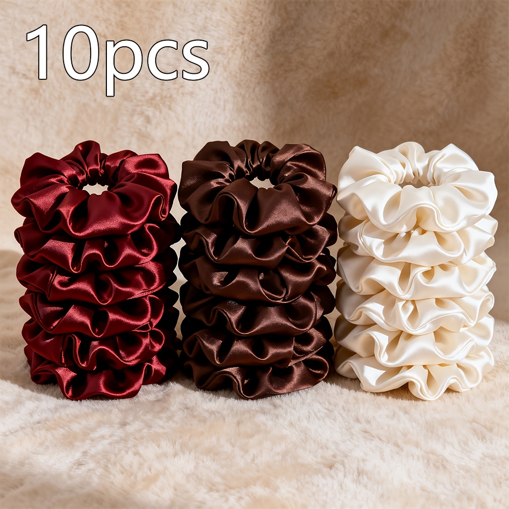 Image of 10pcs Satin Scrunchies Bulk, 3 Color Hair Ties Set For Women (wine Red, Dark Brown, Beige), Hair Bands For, Daily Accessories
