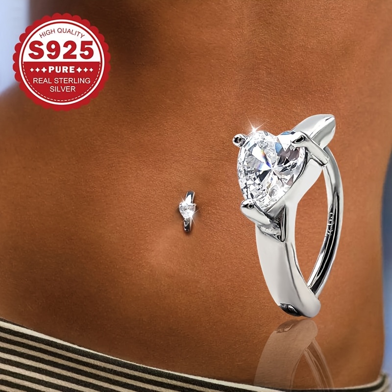Image of A Single S925 Silver Navel Piercing For Women, Featuring A Heart-shaped Design. Easy And Classic, Suitable For Everyday Wear, Vacations, And Parties, With Low Allergy