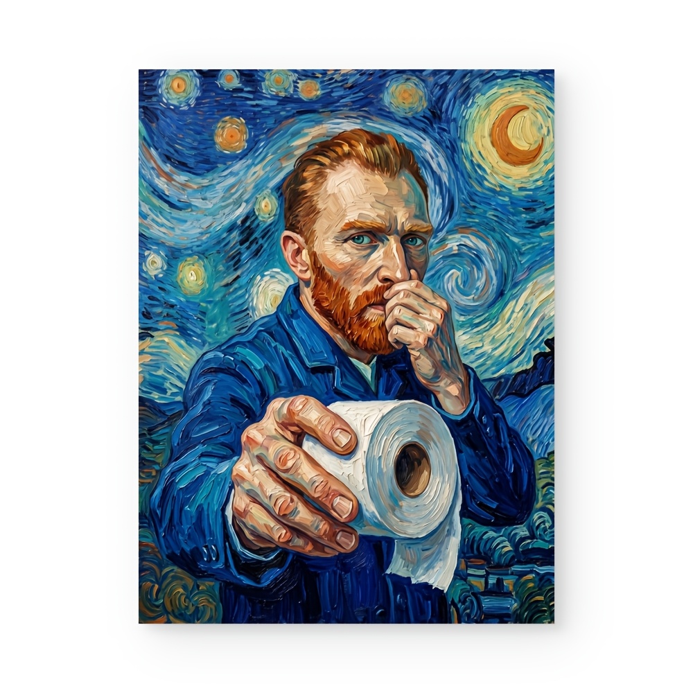 TEMU 2d Flat, Posters And Prints 1pc Funny Van Gogh Starry Night Toilet Paper Wall Art, Parody Oil Painting Humorous Bathroom Decor Print, Novelty