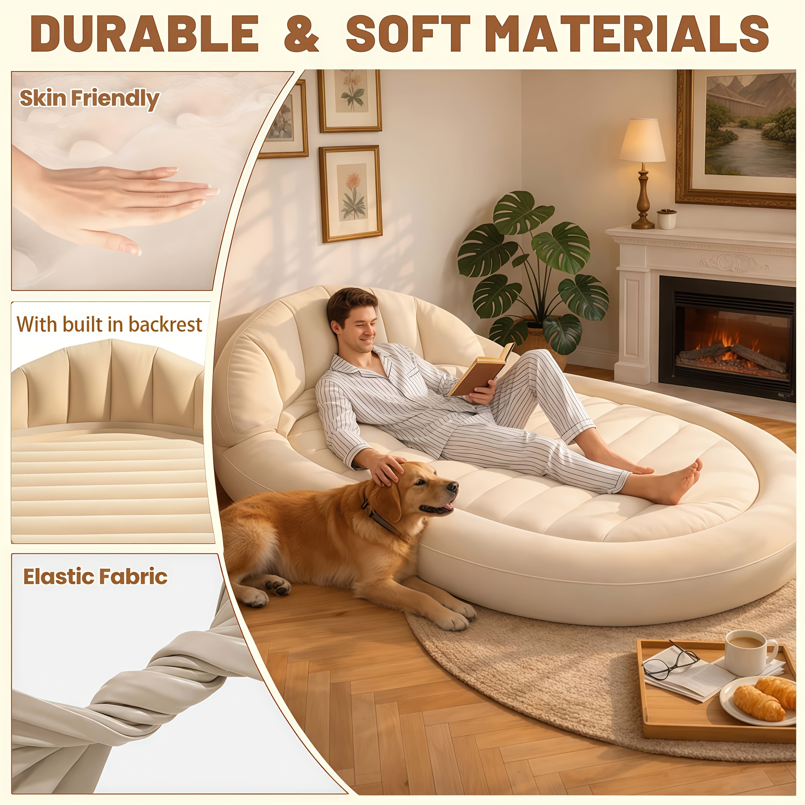 2-In-1 Inflatable Air Sofa Bed with Backrest, Portable Beige Air Mattress for Garden, Balcony, Beach & Camping, Strong Support Puncture Resistant Inflatable Travel Bed for Sunny Outdoor Lounge Bed 249.48KG Max