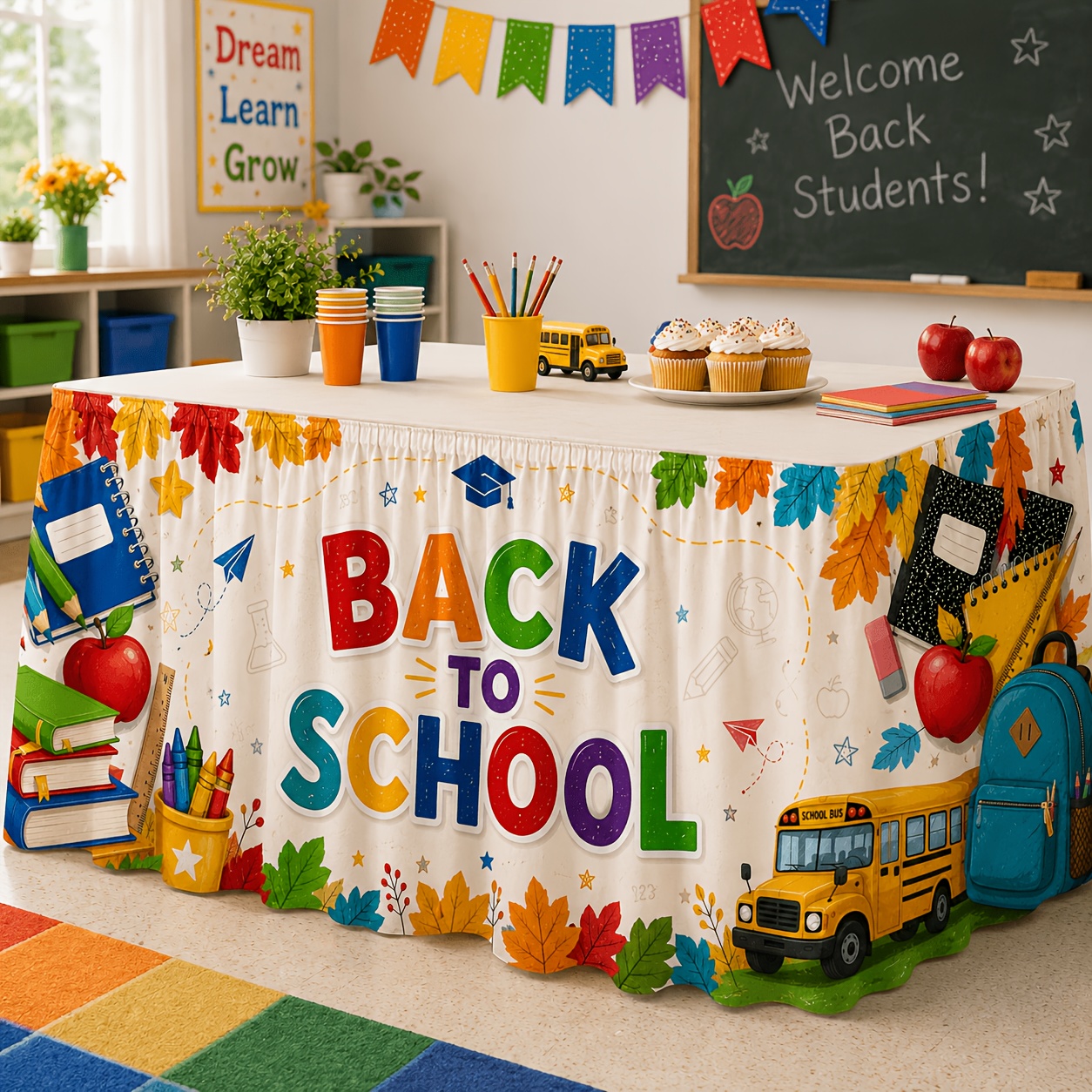 TEMU Party Table Skirt, 1pc, Back To School Bus Table Skirt, Colorful Back-to-school Theme, Combination Of Books, Crayons, School Bus, School Bag, ,
