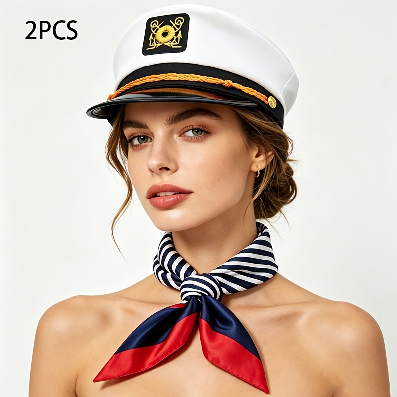 TEMU 2pcss Captain Hats (non-adjustable) Sailor Bandana 2pcs Set Women' Vacation Photo Props Halloween Party Costume Additions