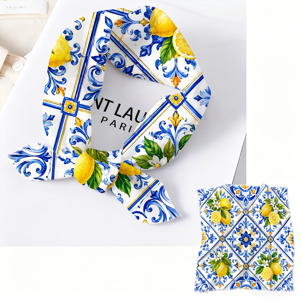 TEMU 1pc, Blue, White, And Floral Pattern Themed Printed Scarf/headscarf, Exquisite Headscarf, Soft And Lightweight Fabric, Casual Fashion Accessory,