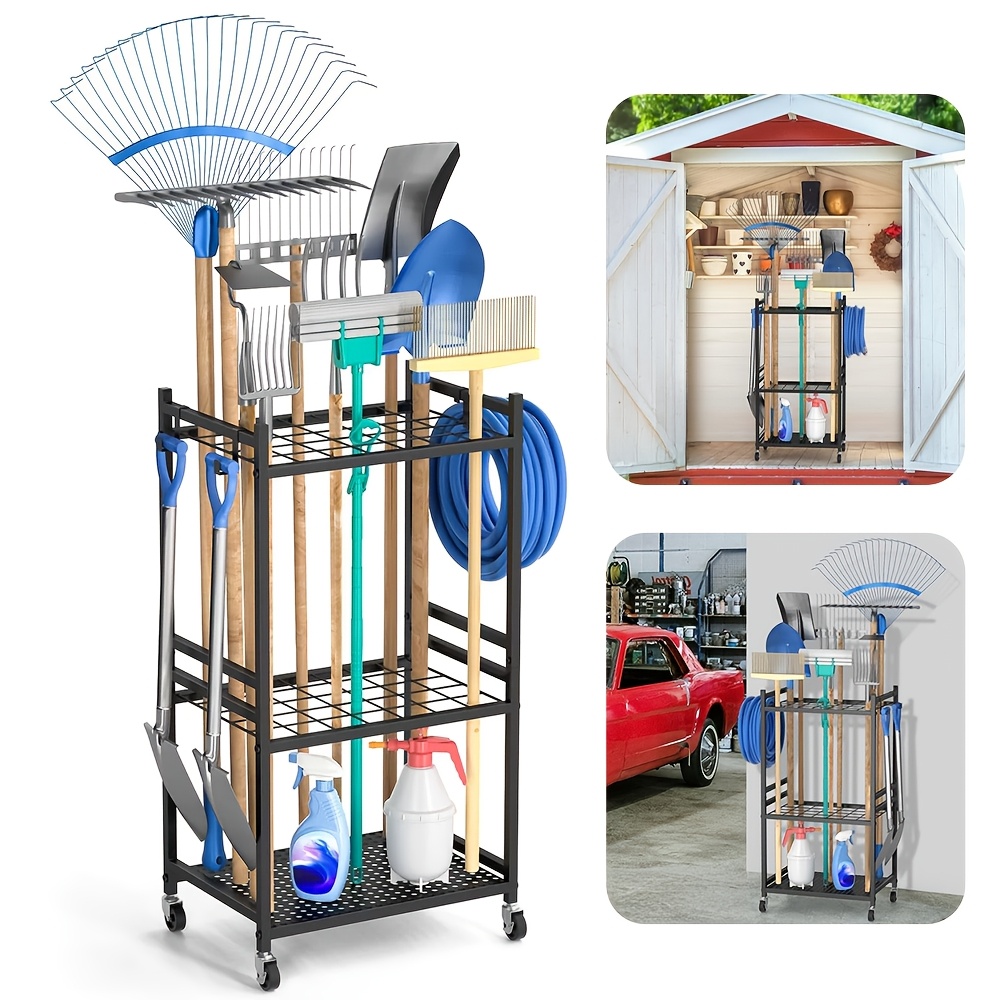 1 Rolling Garden Tool Organizer, 3-tier Heavy Duty Metal Tool Storage Rack With Lockable Casters And Fixed Foot Pads For Garage , - Tool Holder For Shovels Rakes Brooms Storage And Organization