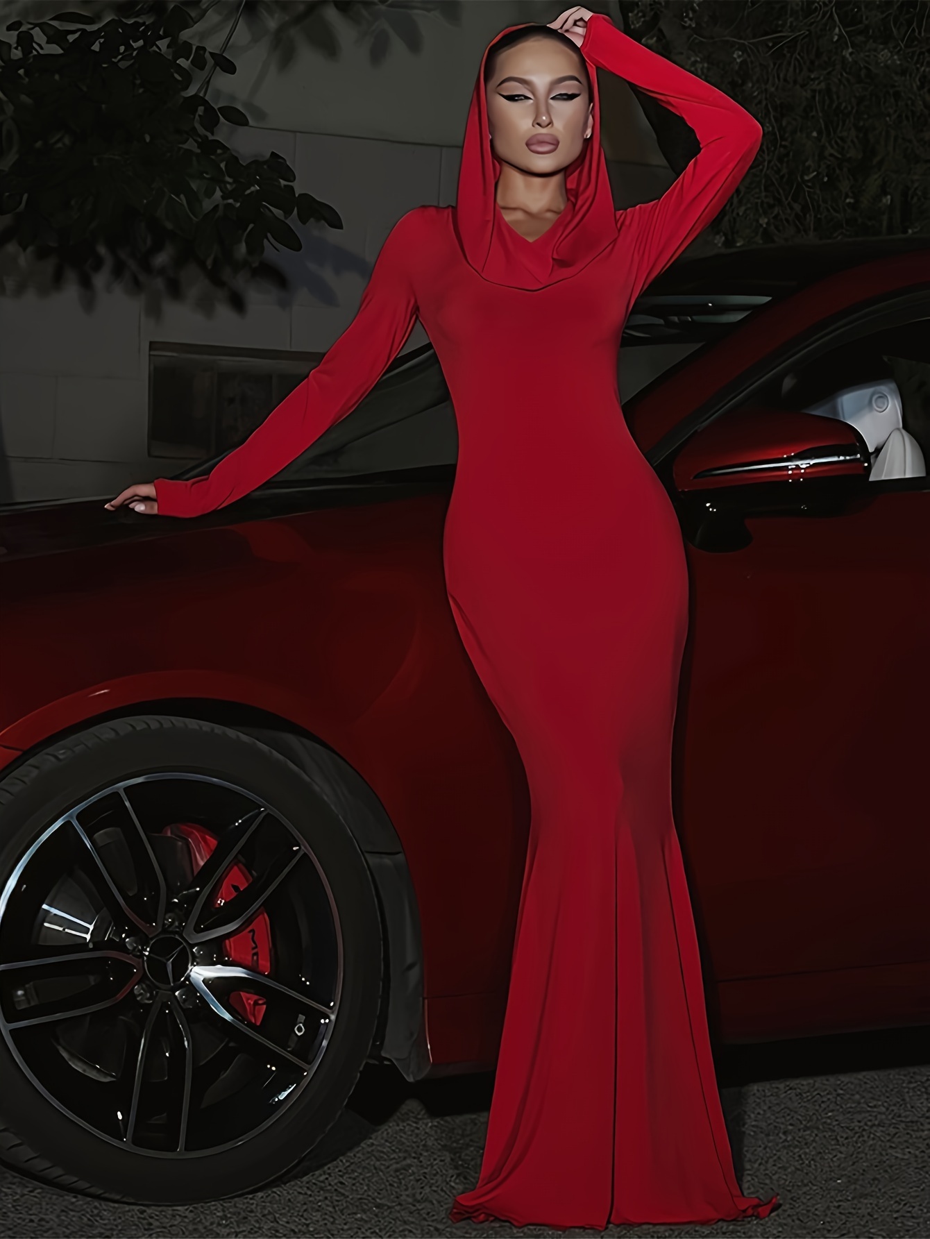 Elegant Red Dress with a Fitted Silhouette, Long Sleeves, And a Hood *  Formal Events, Featuring a Mermaid Hem