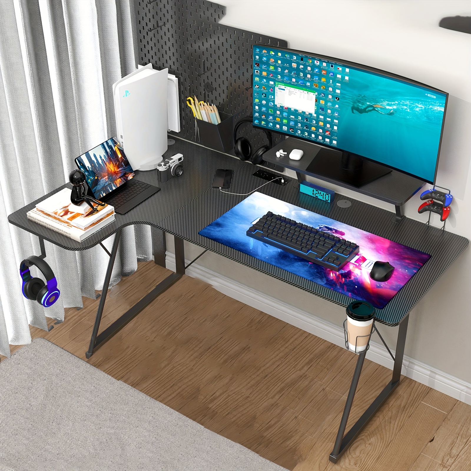 TEMU 150x90 L-shaped Gaming Desk With Dual Monitor Stand - Carbon Fiber & Metal Construction, Space- Design For Pc Gaming, Home Office & Study - Easy