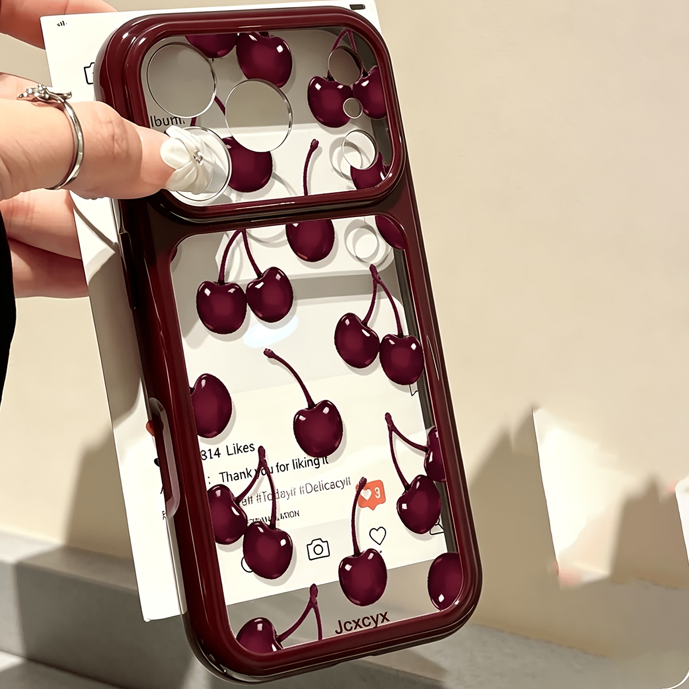 TEMU Phone Case: Cute Burgundy Cherry Pattern Contrast Color Phone Case For Iphone 18 Pro Max 18 Pro 17 Pro Max 17 Pro 17 16 Pro 15 Pro Max 15 Pro 15