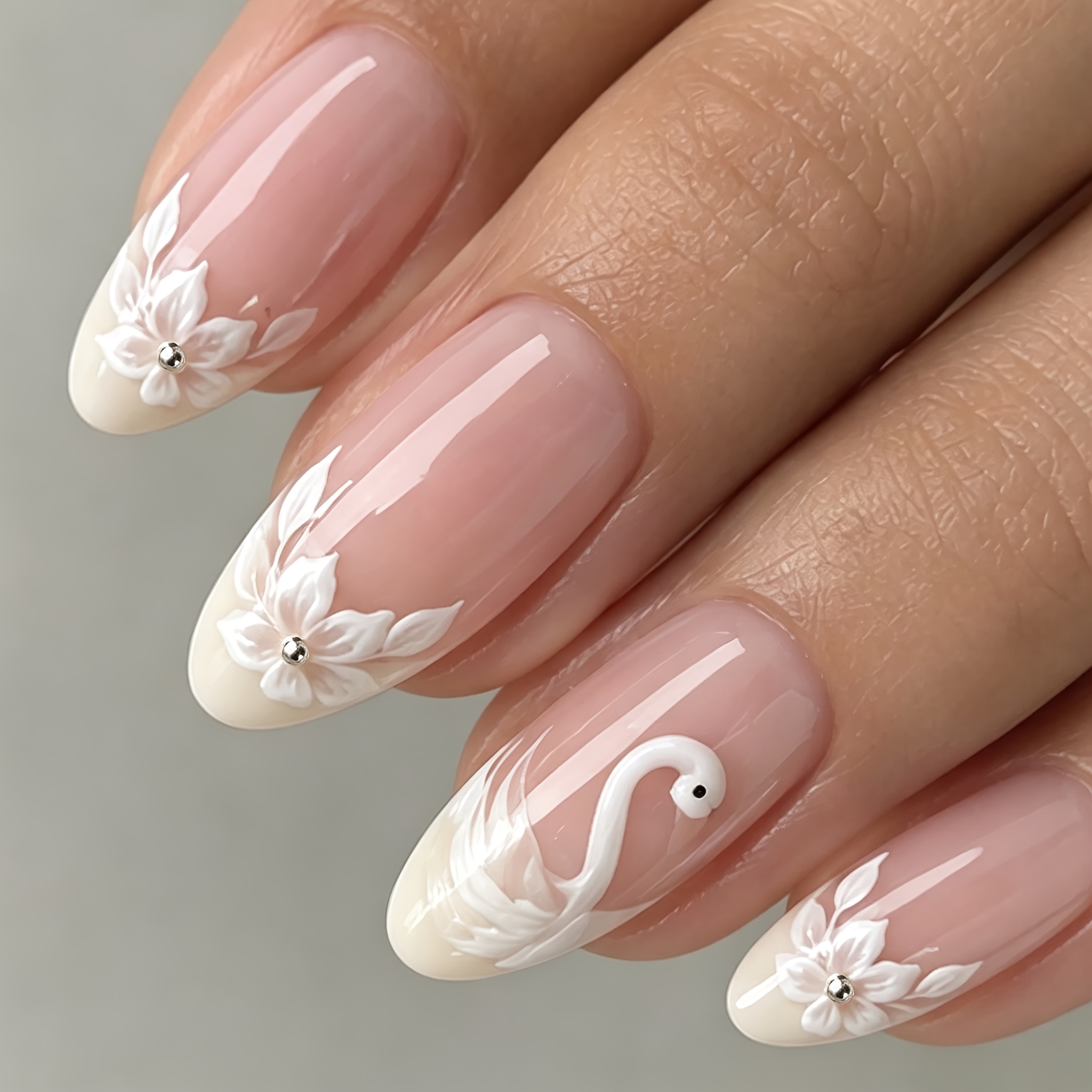 TEMU Change With This, 24pcs/set Gorgeous Elegant Nude Pink Gradient White 3d Relief Swan Medium Length Oval Press-on Nails, With Nail Tools, Very