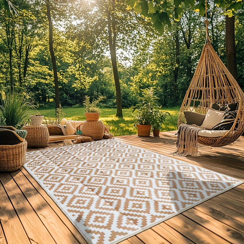 1pc reversible outdoor mat lightweight foldable polypropylene mat with dual sided design for rv patio camping backyard picnic easy to clean beige blue herringbone   for spring summer camping mat