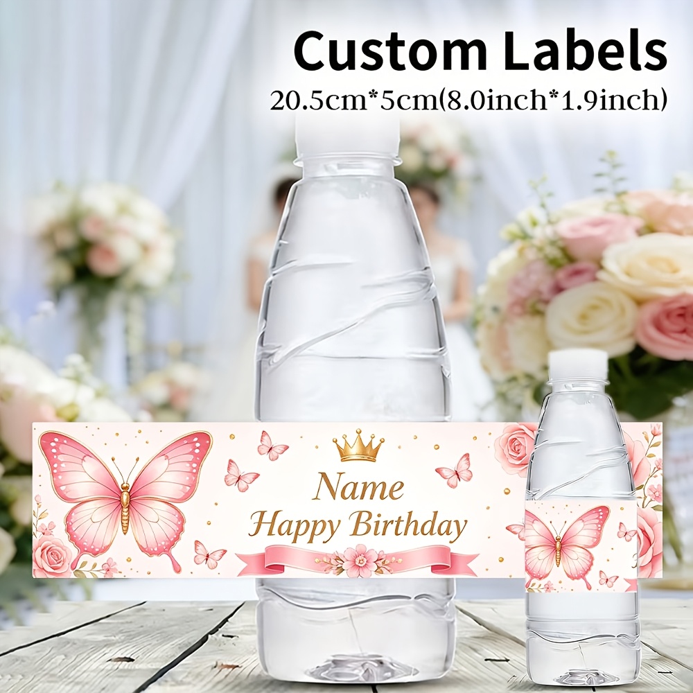 TEMU Autocollants personnalisés pour bouteilles d'eau pour fête d'anniversaire, thème nom de bénédiction avec fleur couronne papillon rose ,