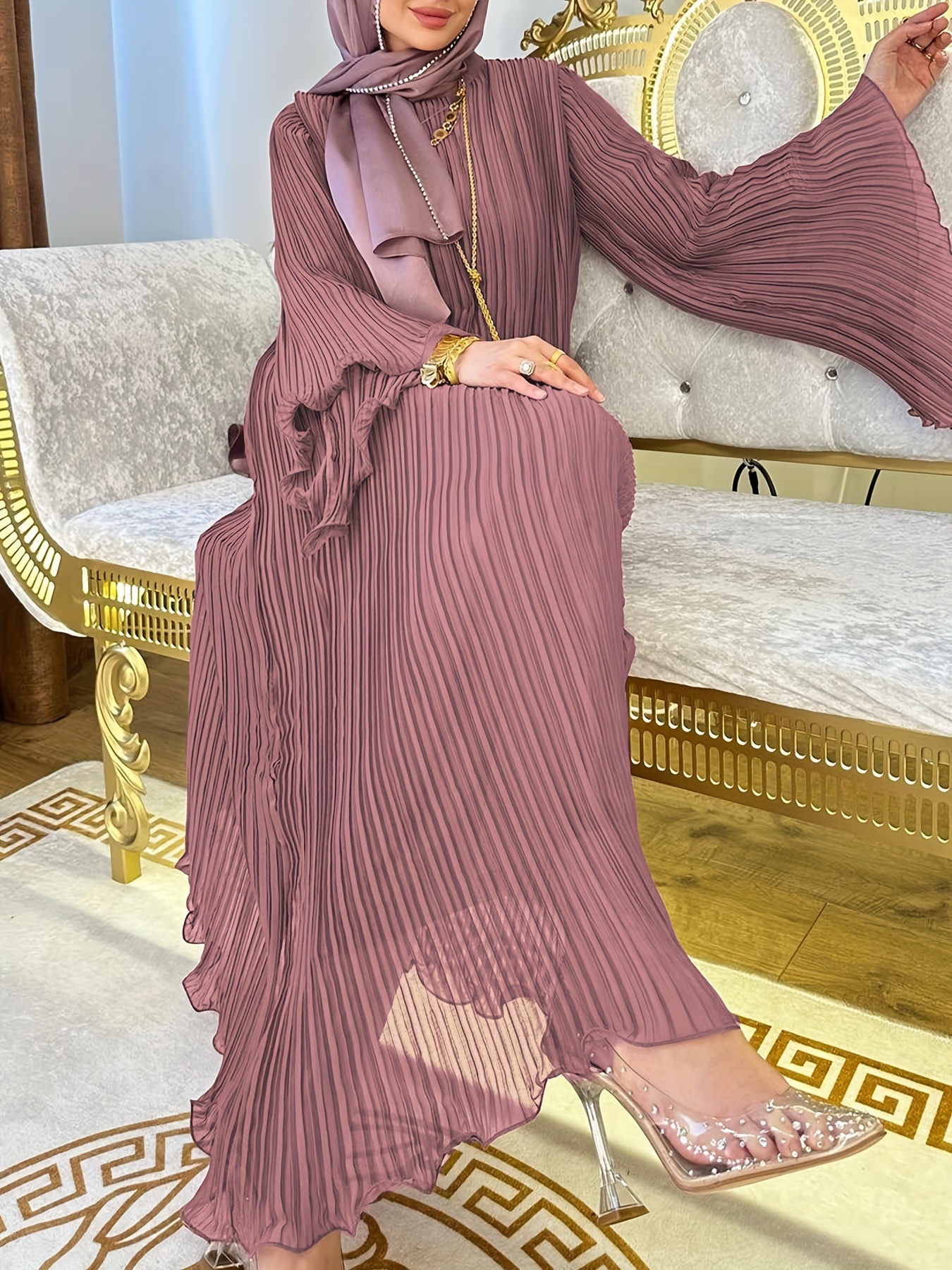 open lace back dress Elegant Pleated Abaya Dress with Diamond Embellished Collar & Waist