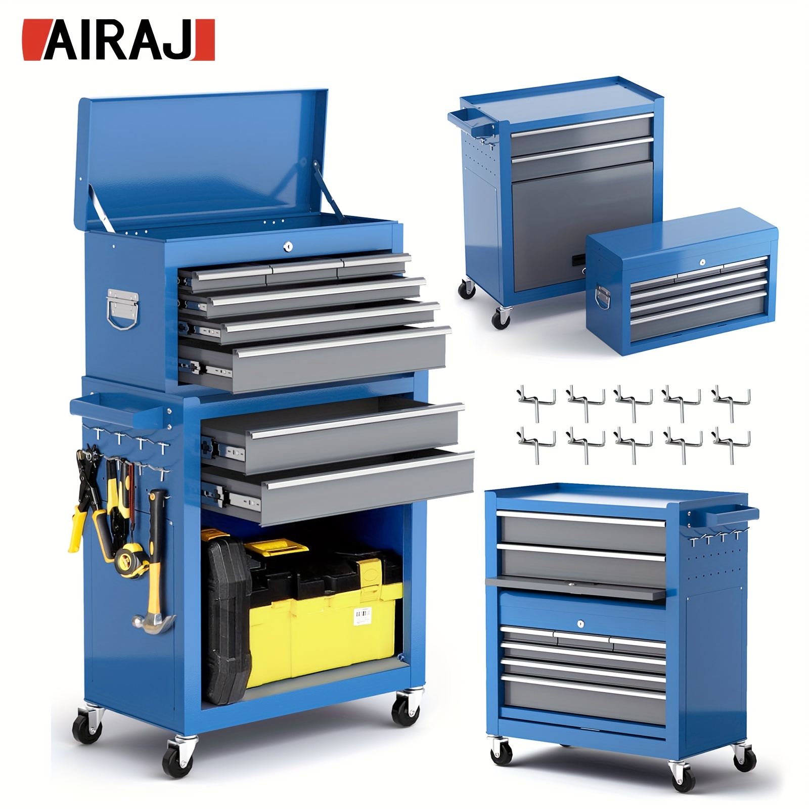 

Airaj Tool Chest, 8-drawers Rolling Tool Chest With Wheels, Detachable Tool Storage Cabinet With Tool Box Organizer Tray Divider Set, With 10 Hooks For Workshop Garage Mechanics, Blue