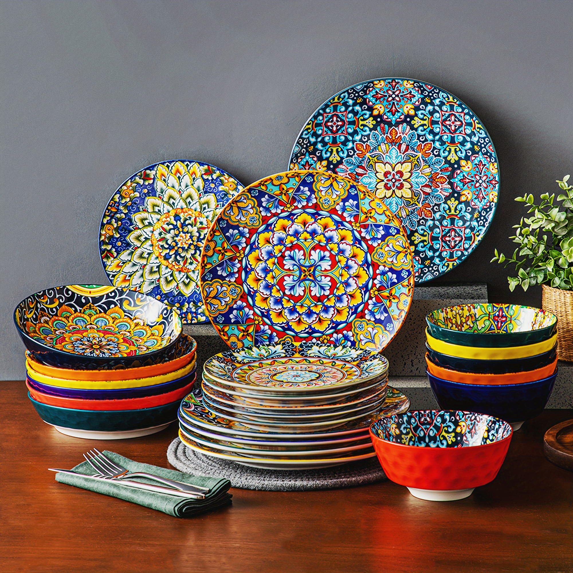

16/24 Piece Bohemian Stoneware Dinnerware Set Complete Tableware With Vibrant Cereal Bowls For Effortless Style Vancasso