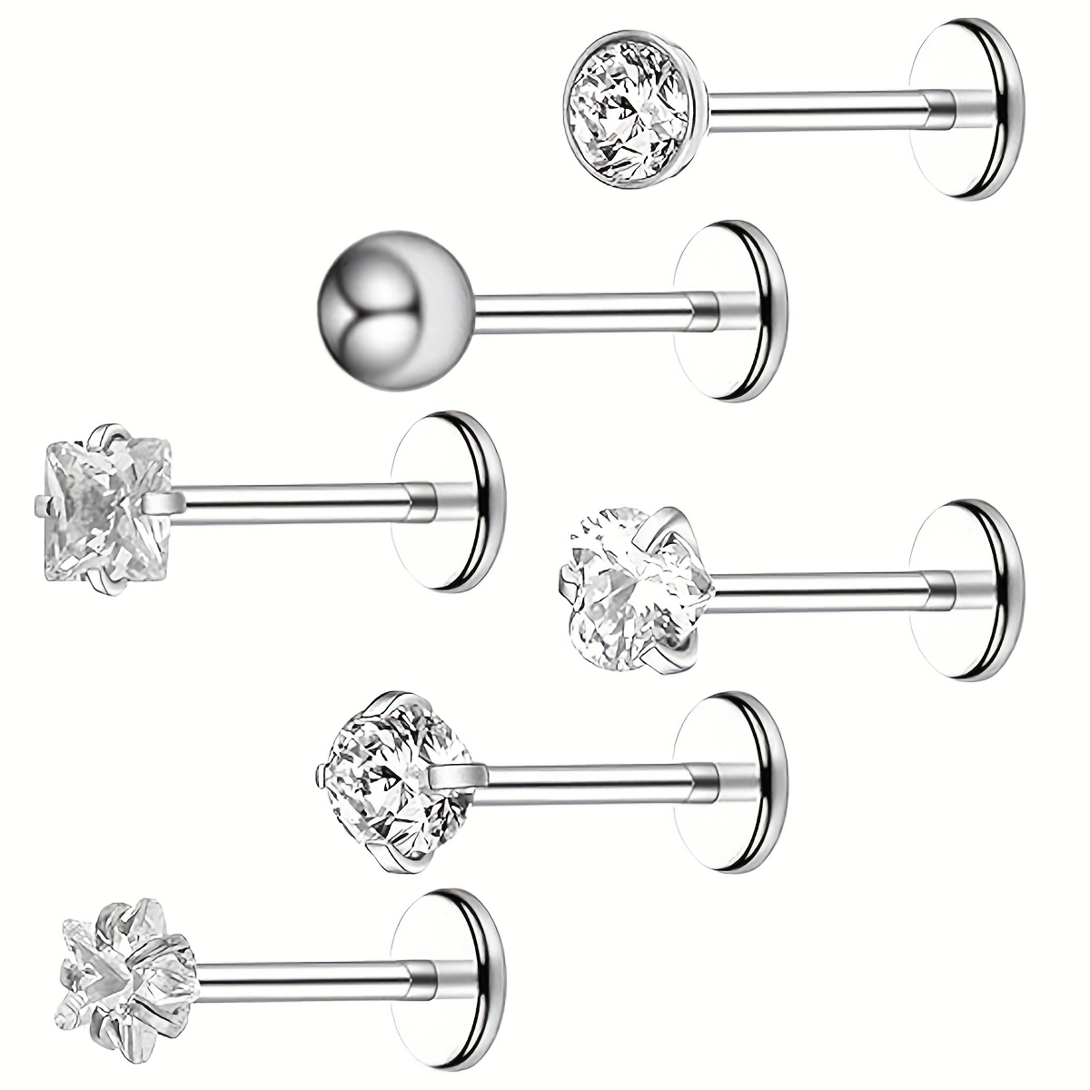 E-shop 6 Stück 304 Edelstahl Innen Gewindete CZ Nasenstecker Lippenringe Knorpelpiercing Schmuck für Frauen Männer (8mm)