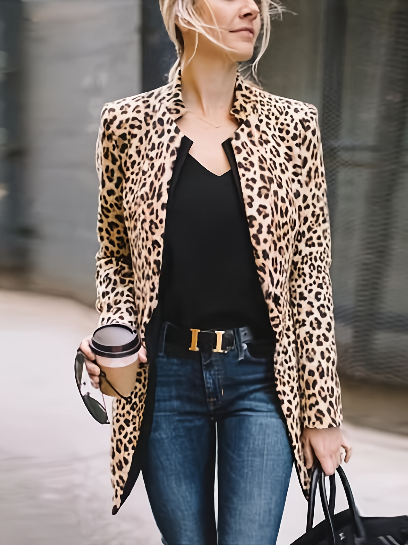 chic womens leopard print   elegant long sleeve open front cardigan with v neck   for business or clubwear   length polyester blend