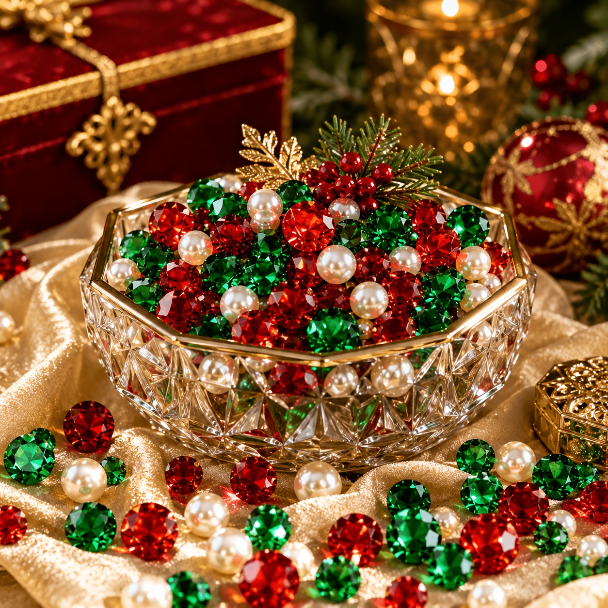 TEMU 912pcs Red Acrylic Synthetic Diamonds, Green Faux Craft Gems, Sparkling Vase Filler Set, White Artificial Pearls, Christmas Table Centerpiece,