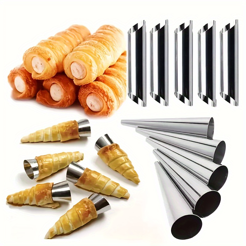 

8pcs Piping Tips, Cream Horn Molds, Stainless Steel Cannoli Form Tubes Non Stick Croissant Mold, Pancake Tube Cone Shaped Baking Mold, Pastry Mold With Brush, For Croissant, , Kitchen Supplies