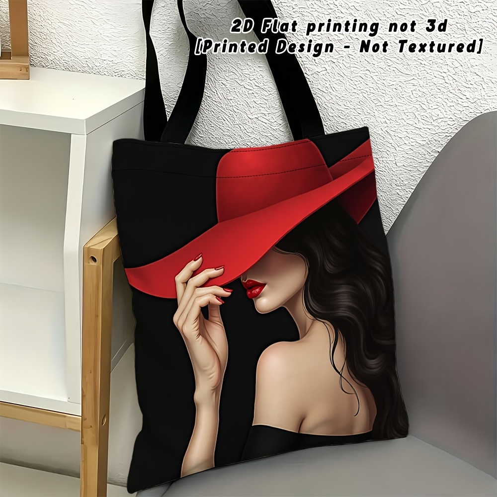 TEMU 2d Flat Printing [printed Design - Not Textured] Red Hat Black Pattern Women's Shoulder Bag, Multi-functional Tote Bag, Suitable For Shopping,