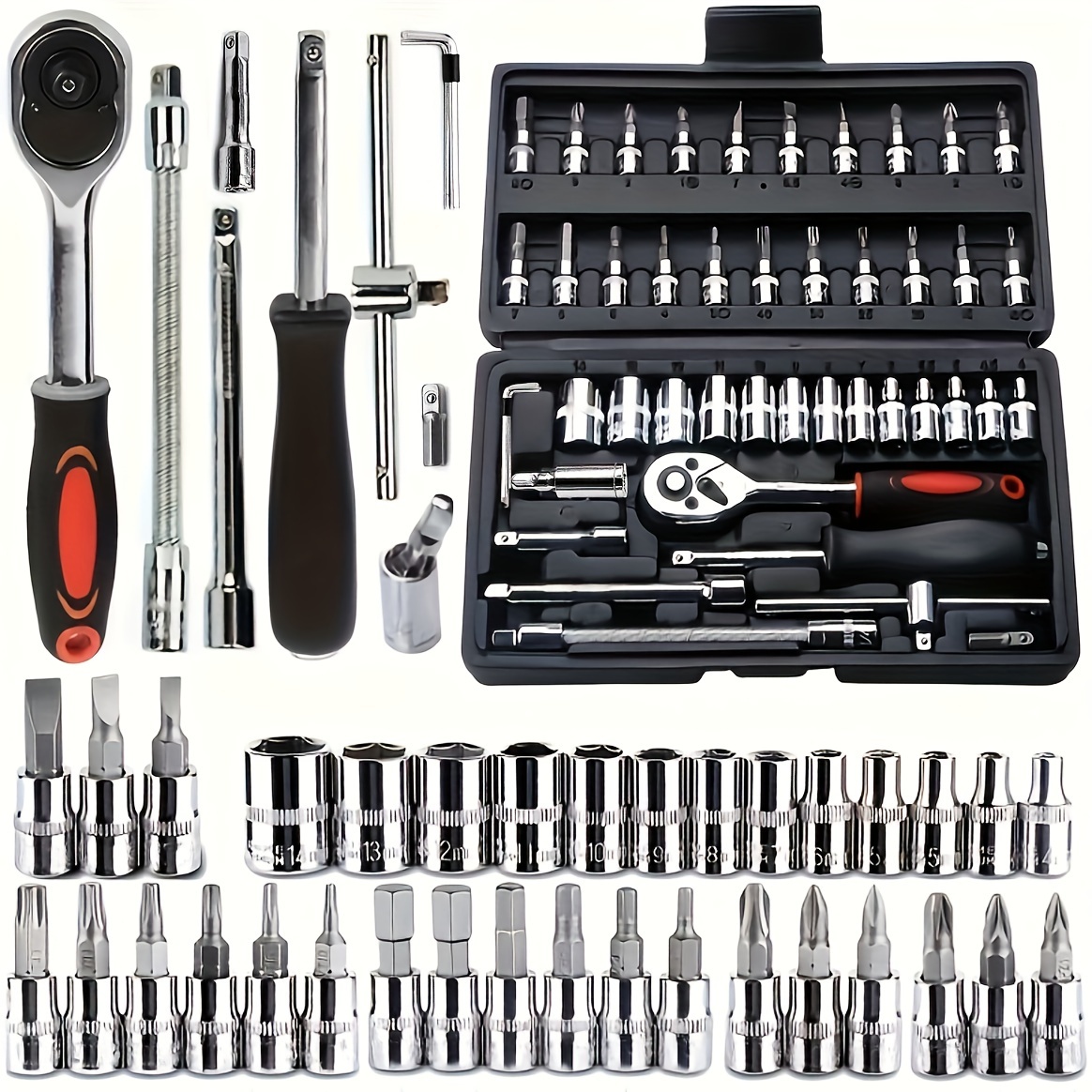 

46pcs Car Repair Tool Kit, 1/4 Inch Drive Socket Ratchet Wrench Set, Combo Tools Kit Bicycle Auto Repairing Tool