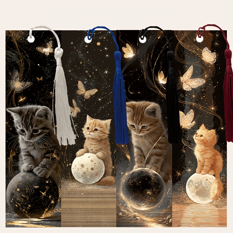 TEMU Lot de 4 marque-pages à pompons sur le thème des chatons, avec languettes, pour la lecture, en cuir PU, cadeaux pour hommes, femmes, récompenses