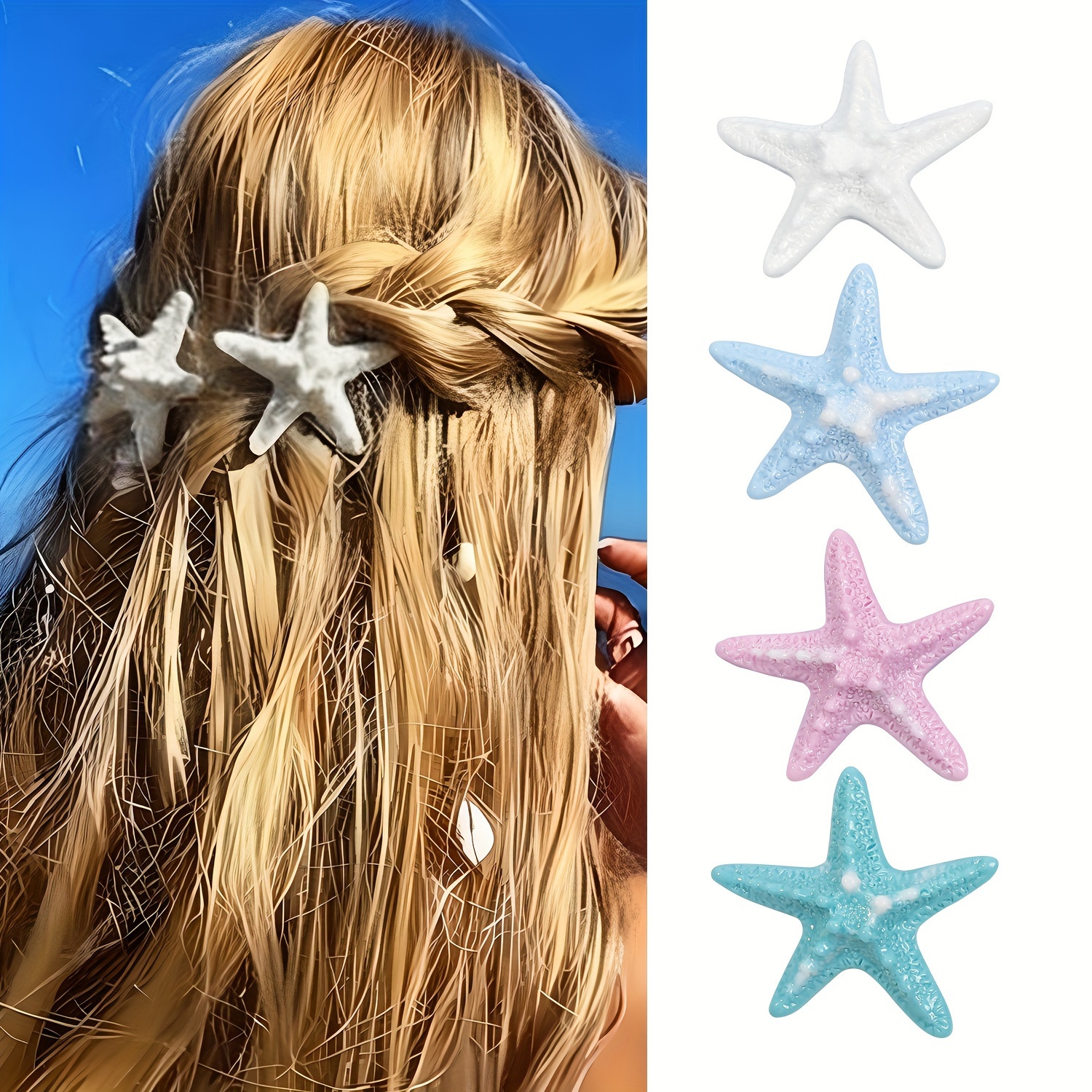 

4pcs Lobaba Elegant Starfish Hair Clips, Resin Hair Accessories, Printed Set For Beach Vacation