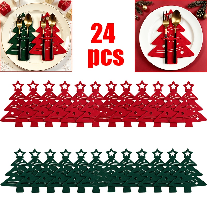 TEMU 24pcs Set/christmas Tree Cutlery Holder, Felt Christmas Tree Fork Pouch, With Hollow-out Five-pointed Star Embellishments, Holiday Party Table