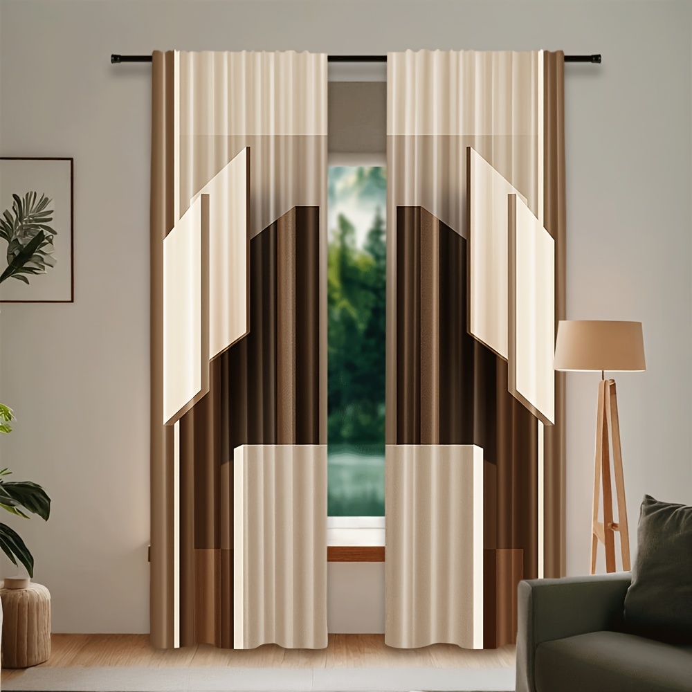 2pcs Cortinas Bege com Padrão de Bloco Geométrico - Design de Bolso de Varão 5