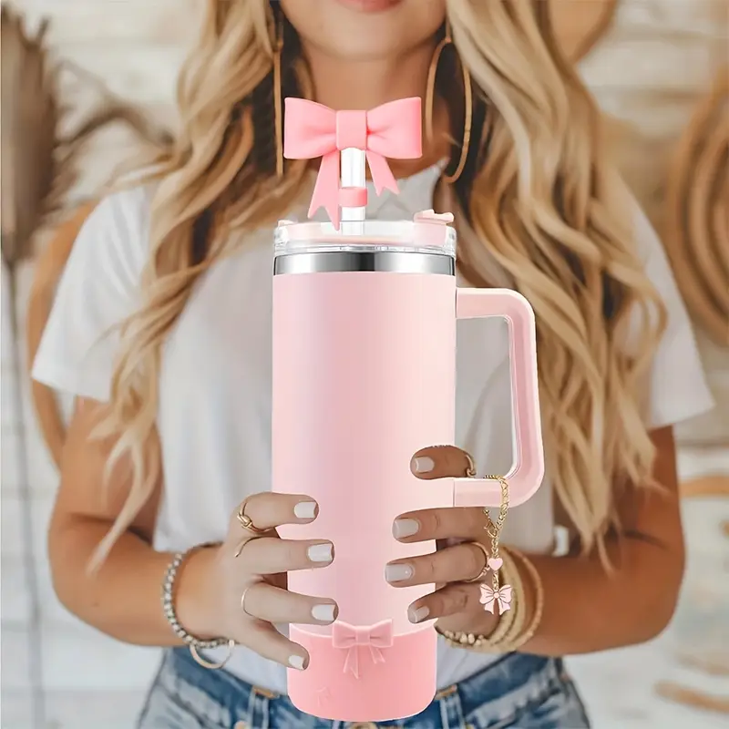 juego de accesorios para vasos de 4 piezas para vaso tumbler de 30oz y 40oz, 2 tapas con para de 10mm reciclables, 1 de silicona para el pie del vaso y 1 adorno para la asa para vaso tumbler de 30&40oz detalles 6
