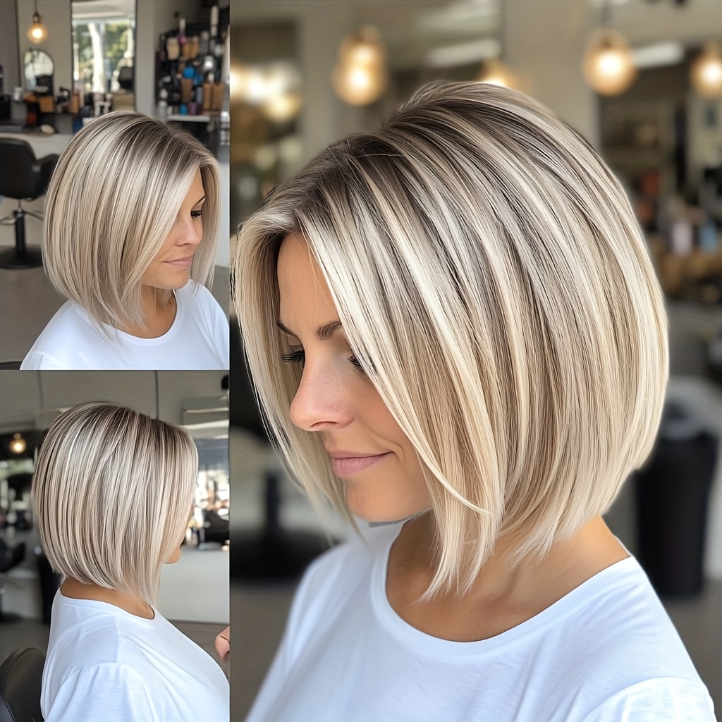 Image of A Stylish Short Hair Bob With A Gradual White To Golden Color Transition, Made Of Synthetic Fiber With A Rose , Suitable For Occasions.