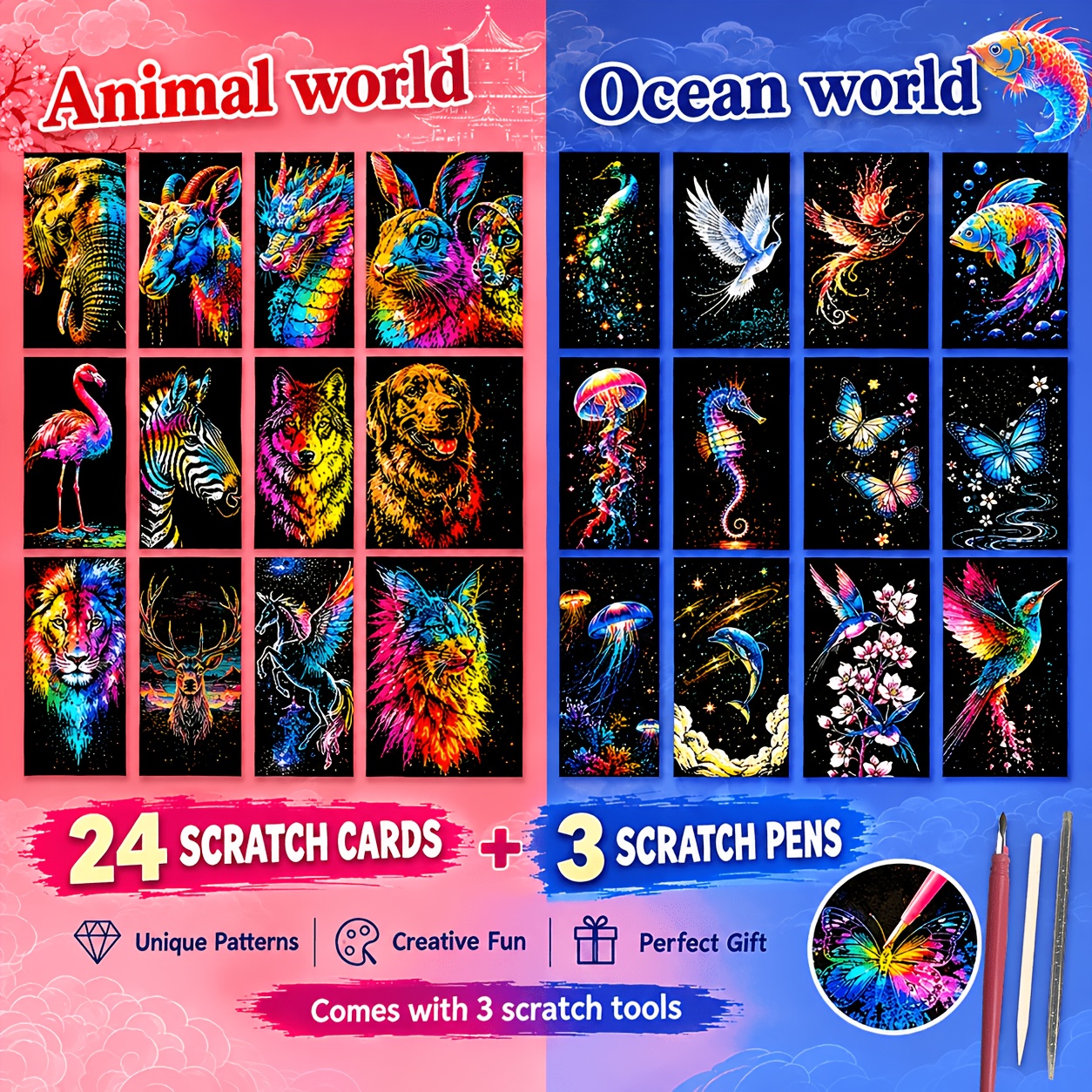 TEMU 27pcs Scratch Art Set (24 And 2 Scratch Pens), Colorful Scratch Bookmarks, Artistic Decorative Cards, Gift For Craft Lovers, Decoration, Holiday