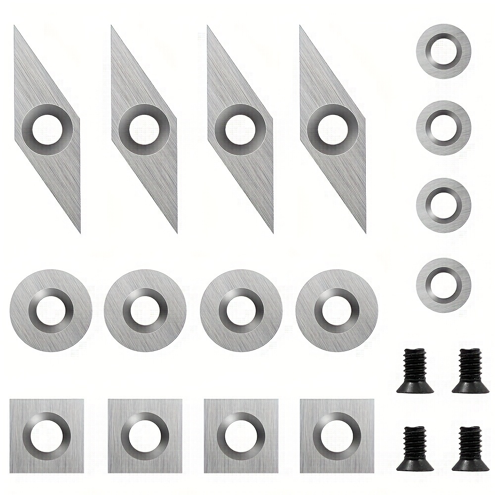 

16pcs Carbide Insert Set For Wood Turning Lathe Tools, Includes Square With (11mm), Round (12mm, 8.9mm), Diamond With (30x10mm), With Screws, Woodworking Craft Supplies