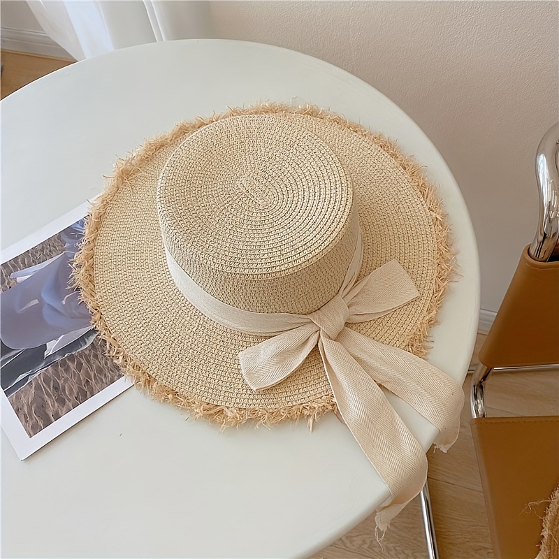 

Women's Summer Flat Top Straw Hat With Bowknot Fringe, Wide Brim Sun Protection Beach Fisherman Hat, Breathable Hand-woven For Seaside Photography