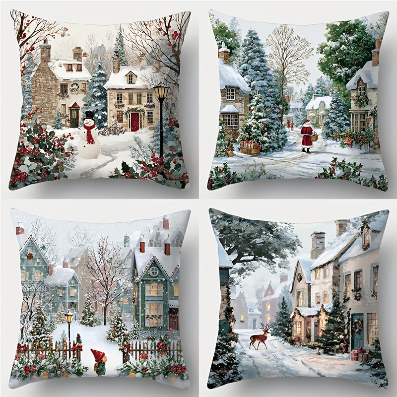 TEMU Federe a Stampa Piatta 2D, 4 Pezzi, Tema Natalizio, con Citt� Incantata nella , , e . Ideali per Riunioni , Festivi, Decorazioni per la Casa e