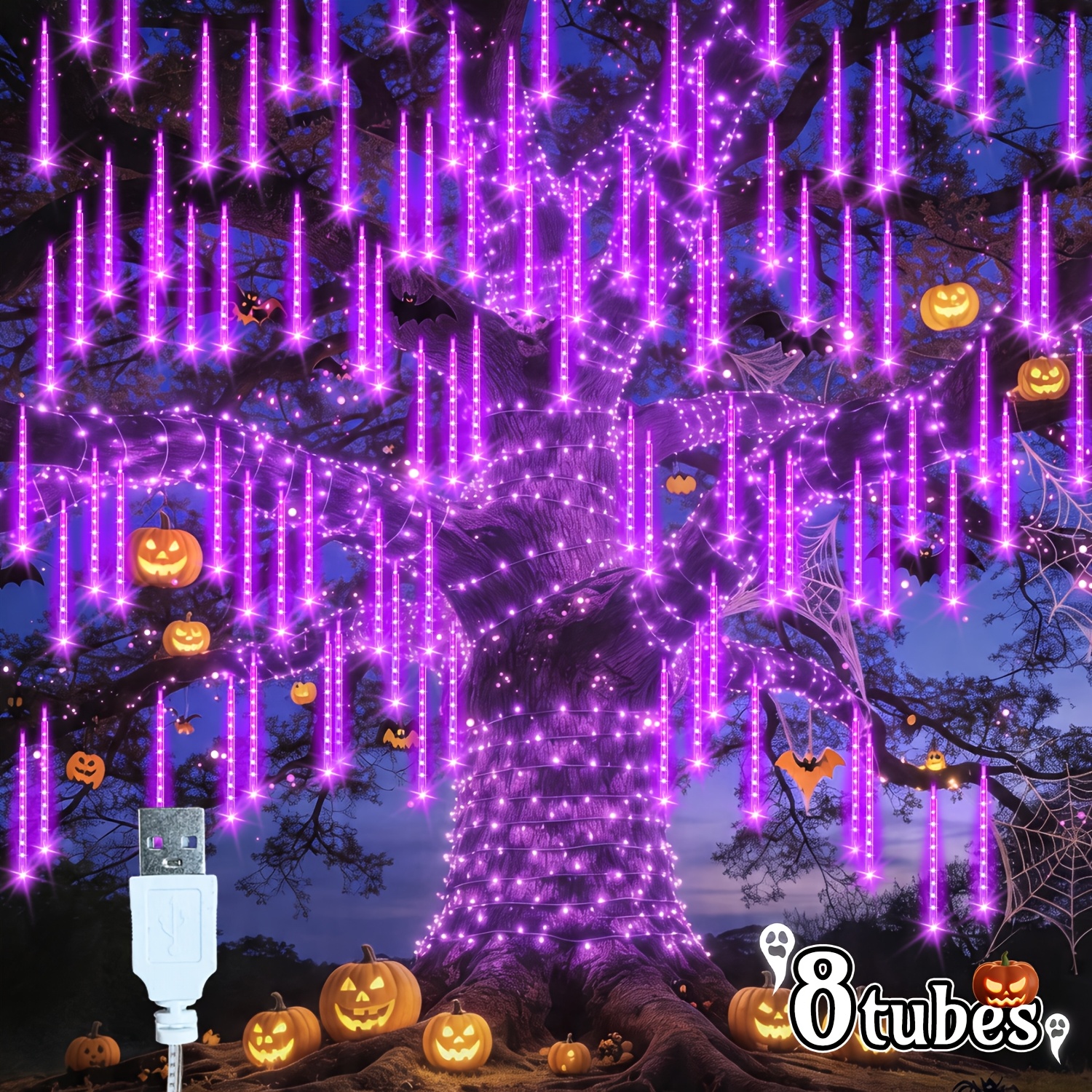 TEMU 1 pièce, Guirlande Lumineuse d'Halloween Alimentée par USB, Guirlande Lumineuse Violette et Orange, de Pluie de Météores 192 LED/8 Tubes,