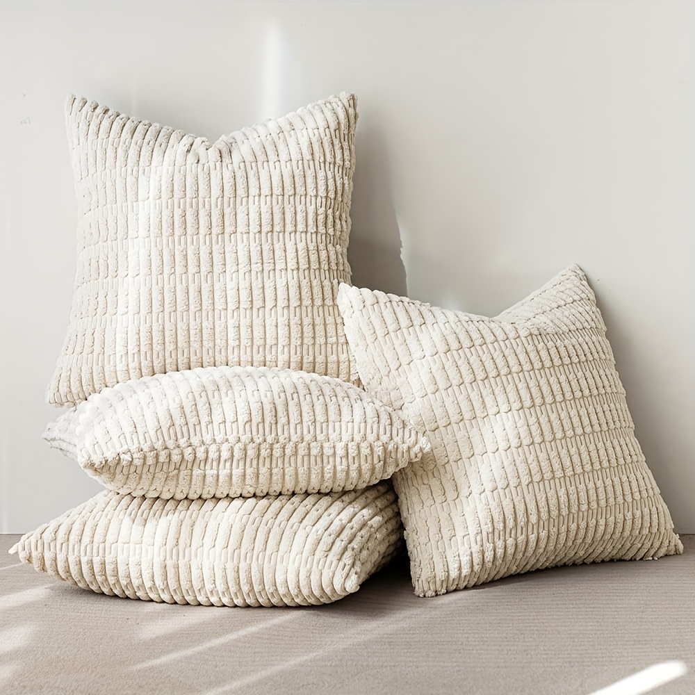 

4pcs Decorative Throw Pillowcase For Living Room Sofa Bed Couch, Rustic Farmhouse Boho Home Decor, Soft Plush Striped Corduroy Square Cushion Cover