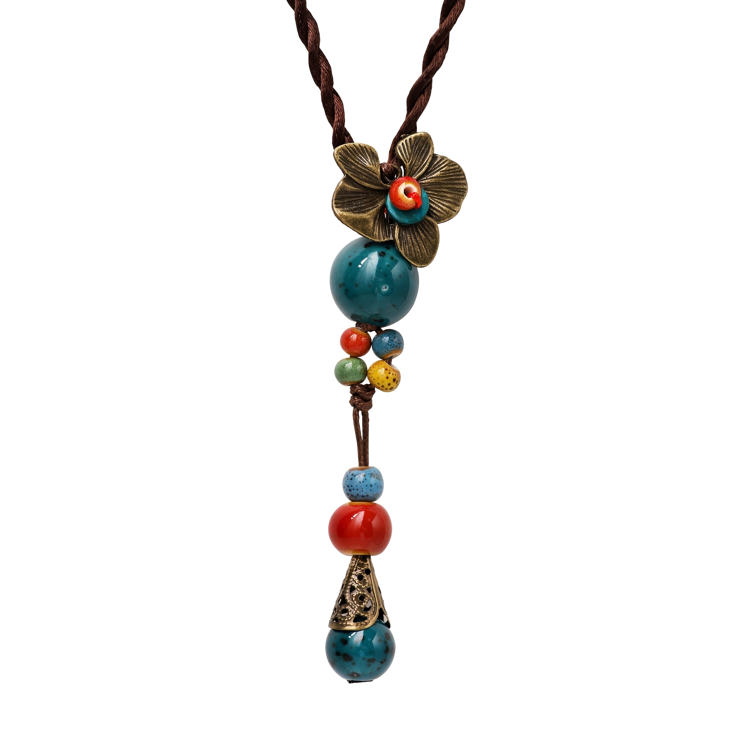 Image of Vintage Bohemian Style Colorful Ceramic Bead Necklace With Floral Pendant – Brown Cord, Red & Green Beads, Leaf Design – Perfect Gift For Women, Birthday Or Casual Attire, Vintage Jewelry