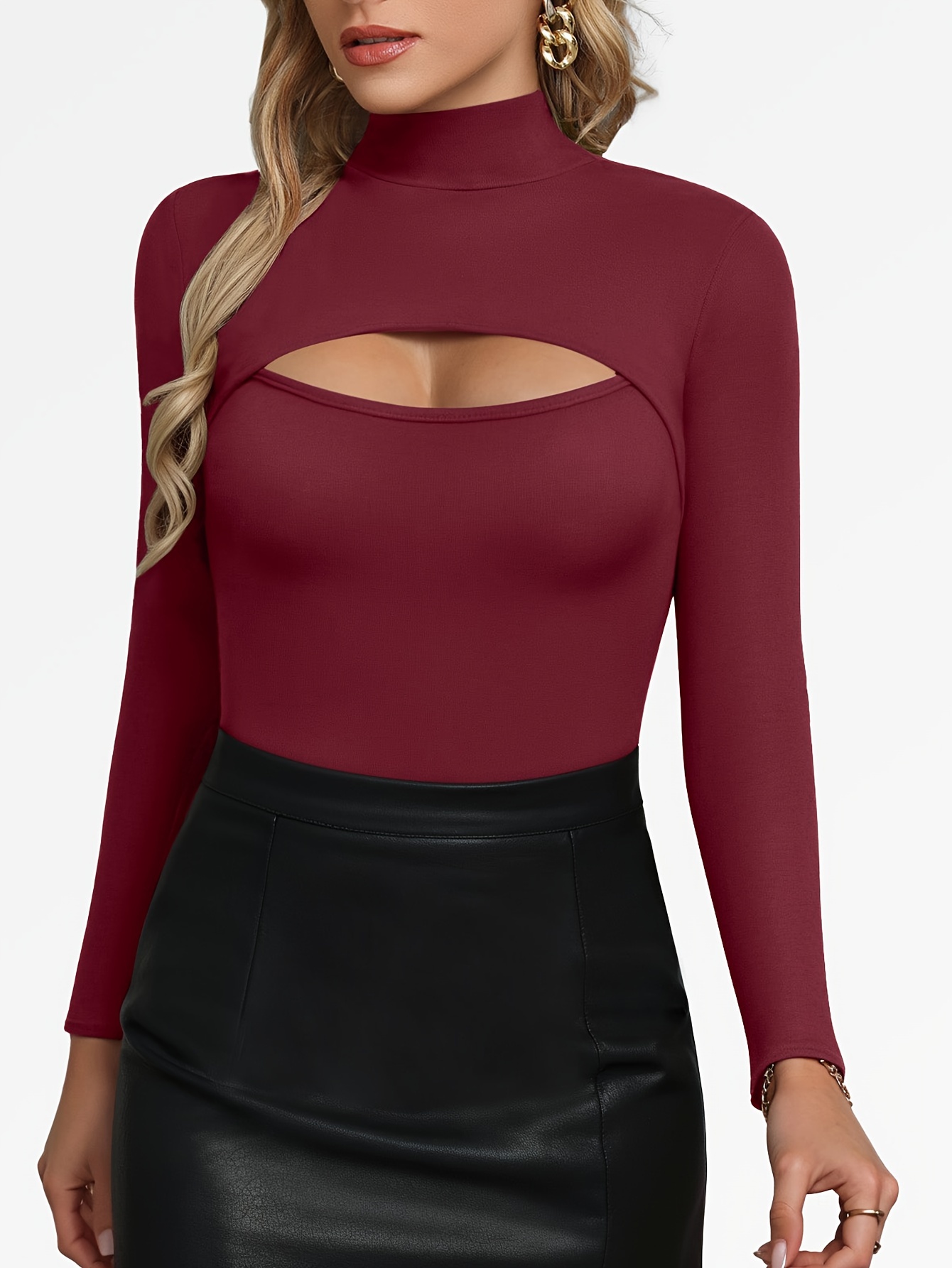 Cut Mock Neck Bodysuit Sexy Long Sleeve Bodysuit - Temu