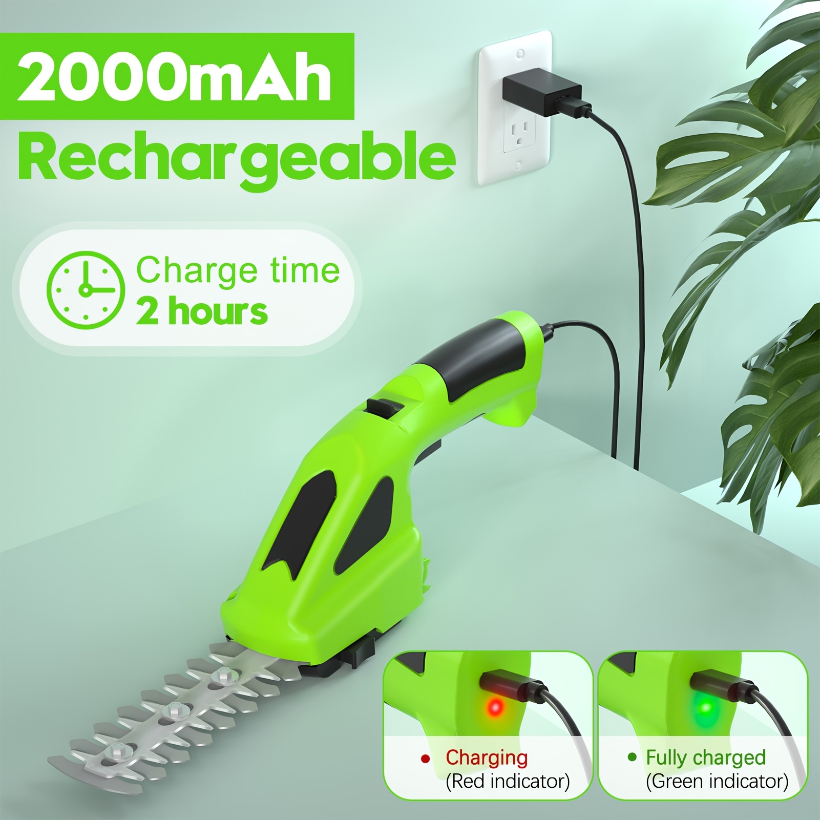 2-in-1 cordless electric hedge trimmer & grass shears, 7.2v handheld lawn mower with 2000mah rechargeable battery, for garden, lawn, and shrub care details 2