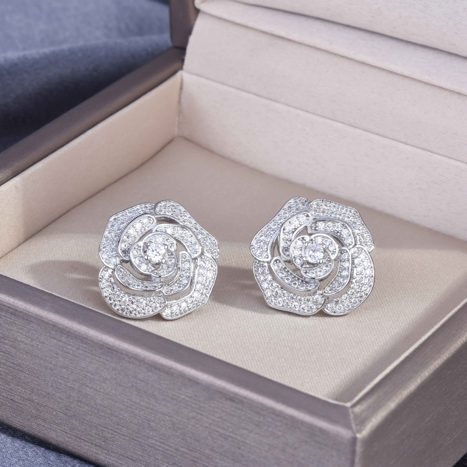 TEMU 1pc Camellia Rose Flower-shaped Stud Earrings, Copper Inlaid With Sparkling Synthetic Cubic Zirconia Earrings, Women's Temperament Bride