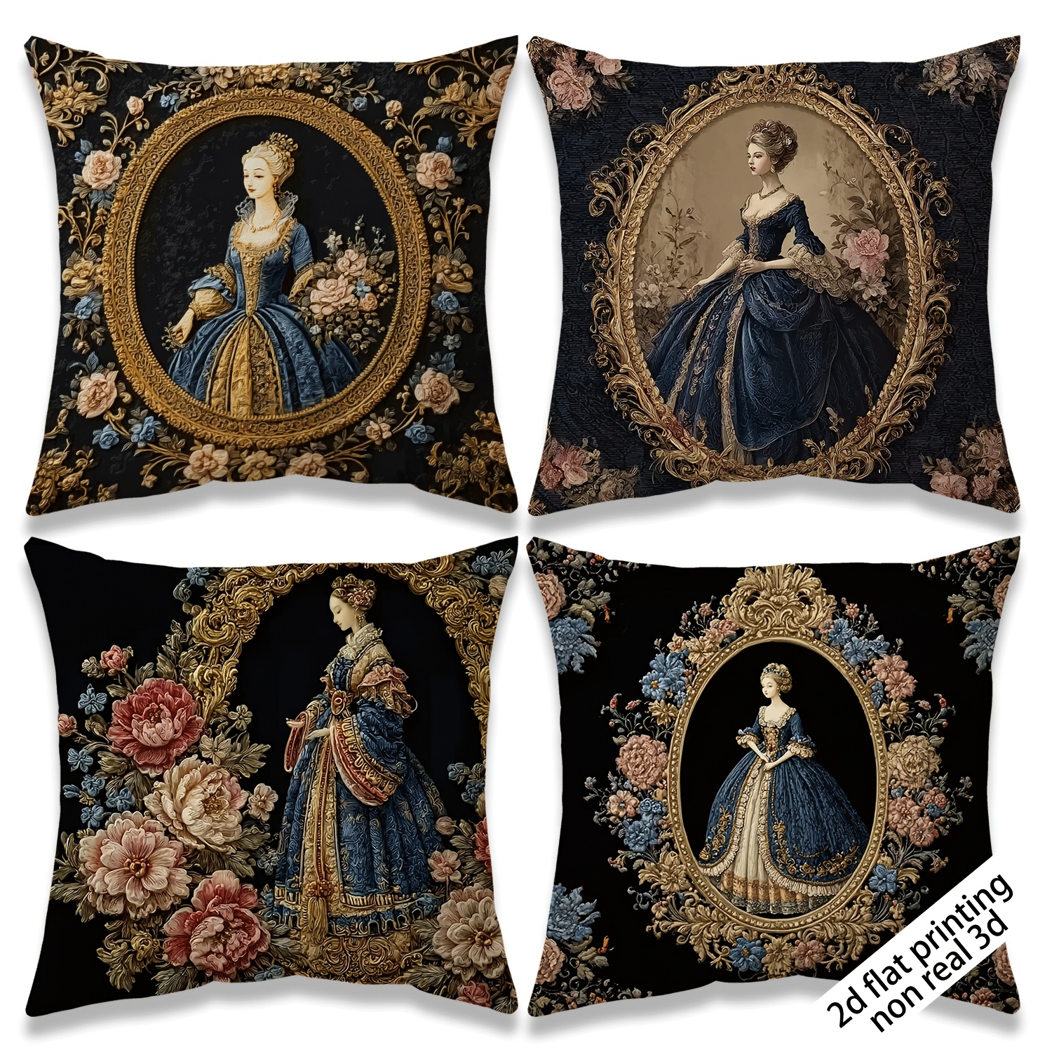TEMU 2d Flat | 4pcs Set | Vintage Decorative Cushion Covers | European Lady Portraits, Gilded Frames & Intricate Floral Designs | 18x18 Inches | Home