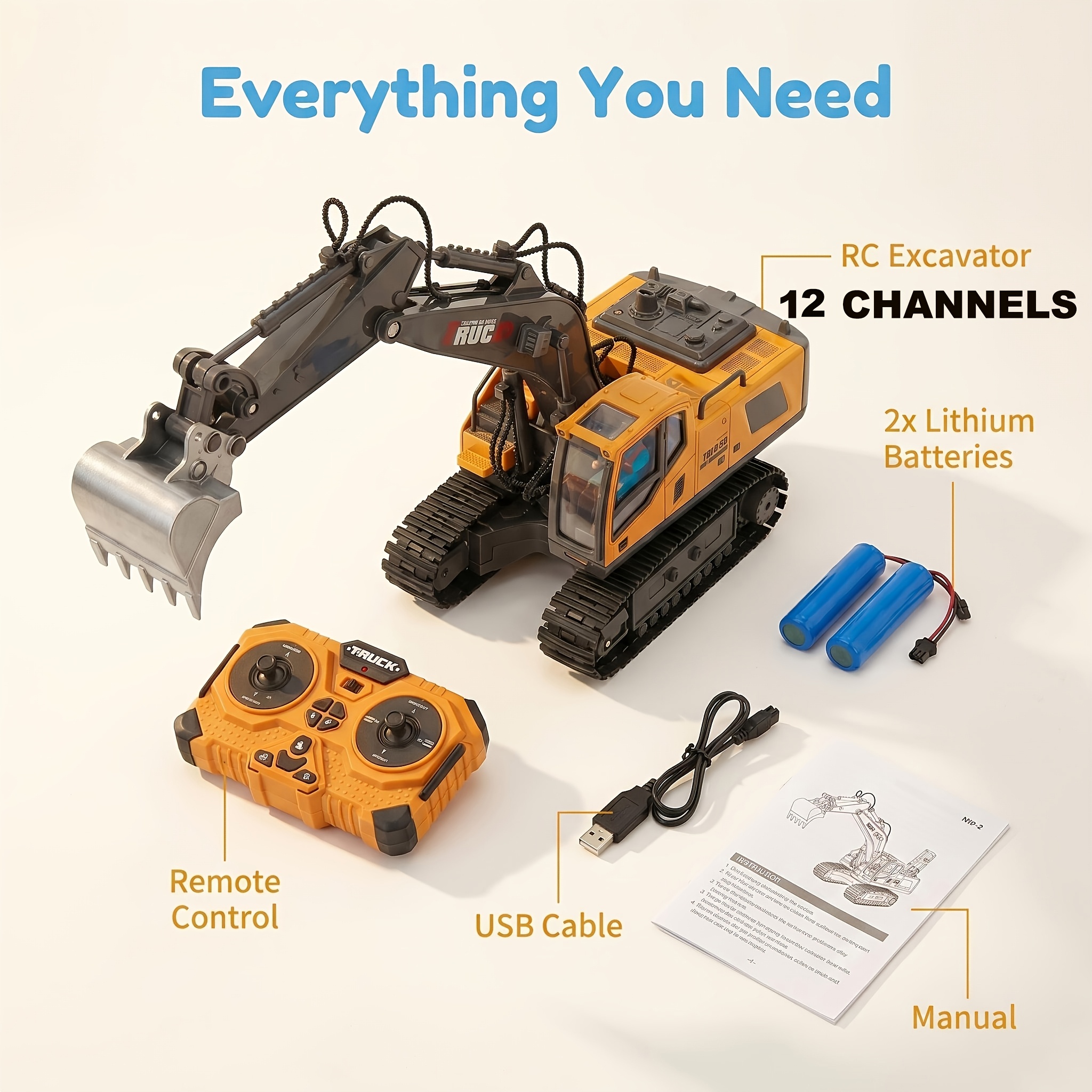 TEMU [Excavadora RC 1:20 de 12 con batería dual, rociador de agua y cabeza de pala de aleación], vehículo de construcción, juguete de ingeniería