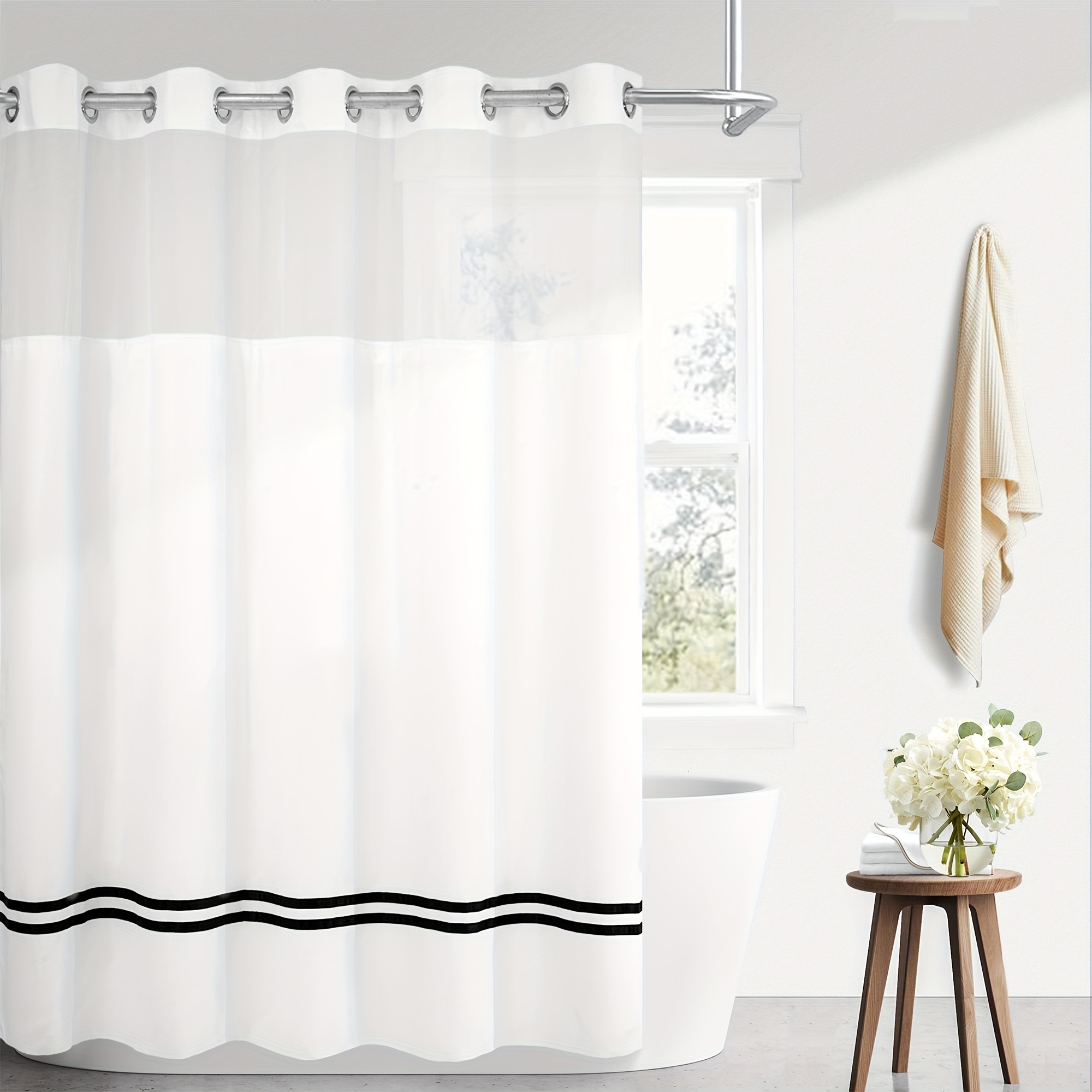 

Electroplated Striped Shower Curtain, Includes Liner, With Top Transparent Window And Magnet, Drainage