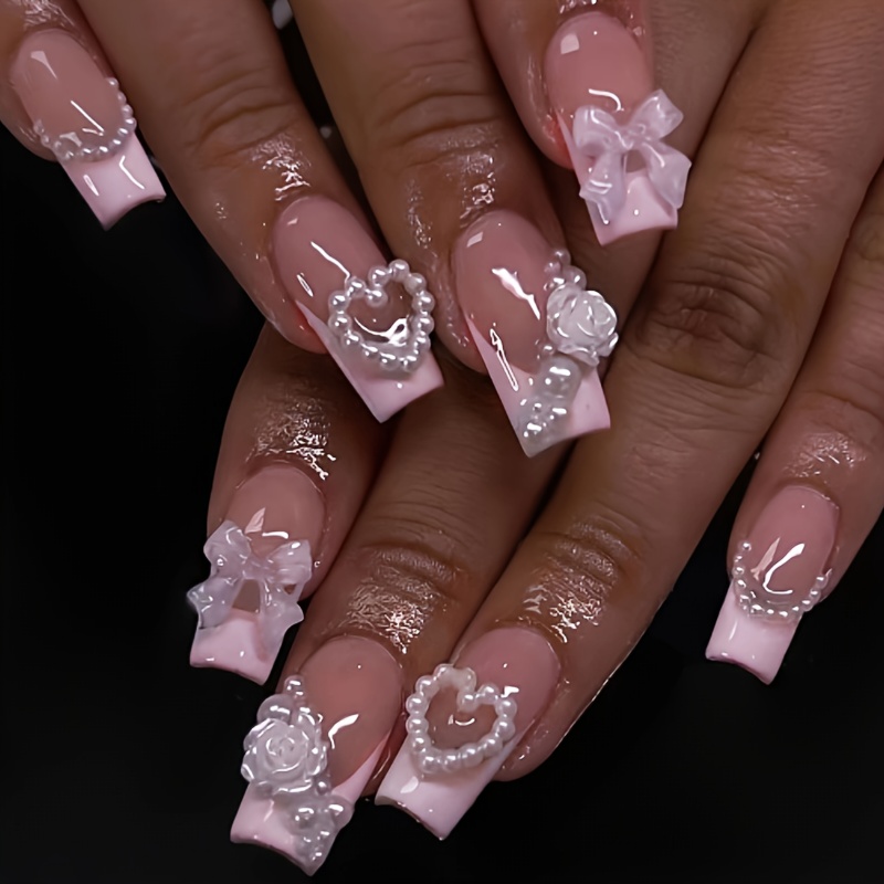E-shop 24 Stück Neuer Stil Lange Press-On Nägel Herzförmige Weiße Kamelie Elegant Geeignet für Damen